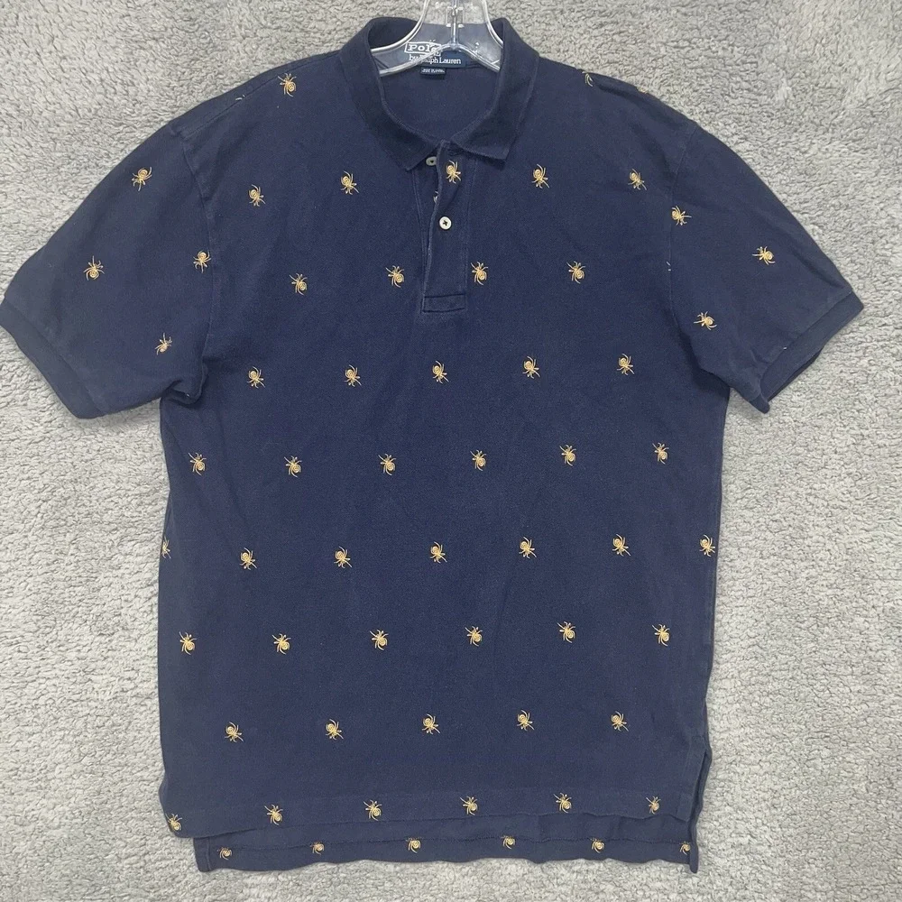 VTG Polo Ralph Lauren Shirt Men Sz M Blue AOP Spider Short Sleeve Embroider Polo